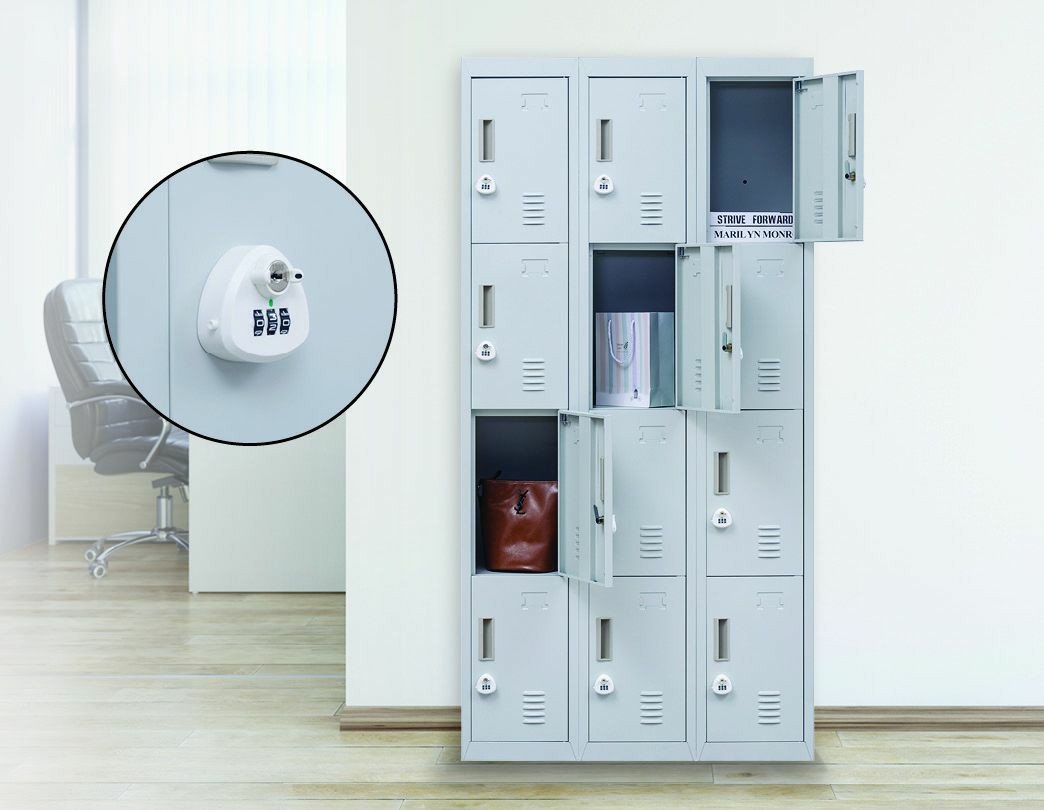 Light grey 12 door locker with 3-digit combination lock, featuring multiple compartments for secure storage in office or gym settings.