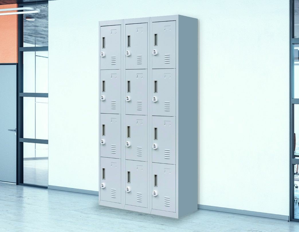 Light grey 12 door locker with 3-digit combination lock, featuring multiple compartments for secure storage in office or gym settings.