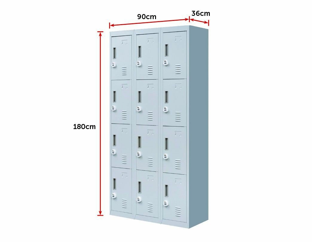 Light grey 12 door locker with 3-digit combination lock, featuring multiple compartments for secure storage in office or gym settings.