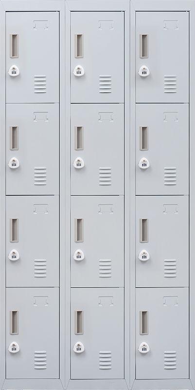 Light grey 12 door locker with 3-digit combination lock, featuring multiple compartments for secure storage in office or gym settings.