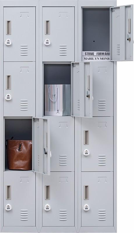 Light grey 12 door locker with 3-digit combination lock, featuring multiple compartments for secure storage in office or gym settings.