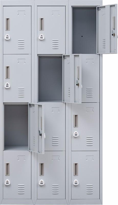 Light grey 12 door locker with 3-digit combination lock, featuring multiple compartments for secure storage in office or gym settings.