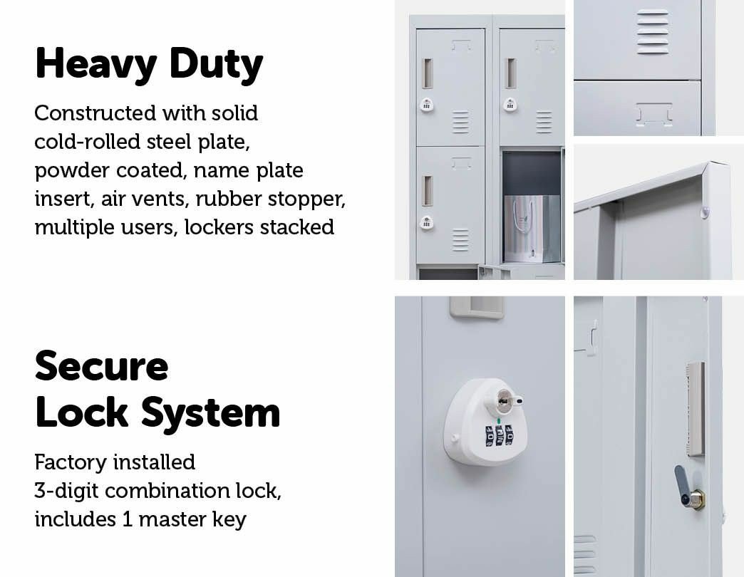 Light grey 12 door locker with 3-digit combination lock, featuring multiple compartments for secure storage in office or gym settings.