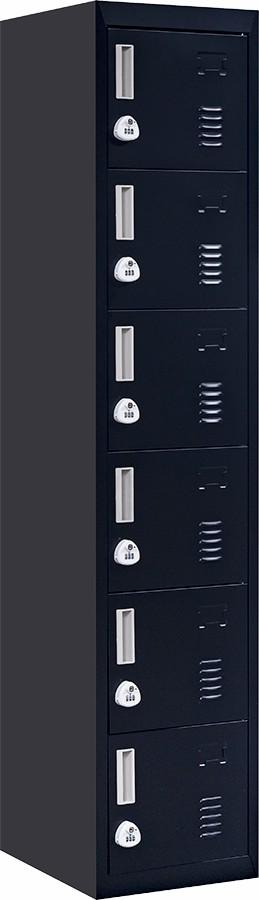 3-Digit Combination Lock 6-Door Locker in black steel, featuring six individual lockers with ventilation and name tag spaces.