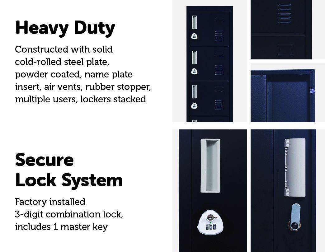 3-Digit Combination Lock 6-Door Locker in black steel, featuring six individual lockers with ventilation and name tag spaces.