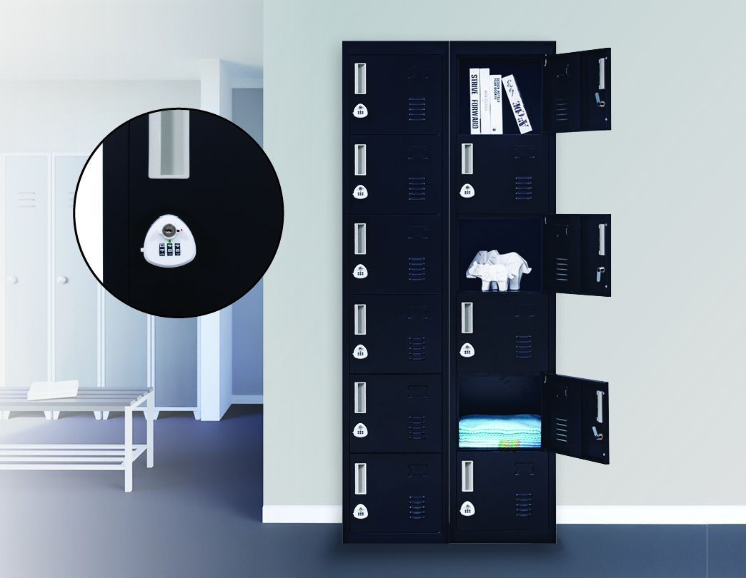 3-Digit Combination Lock 6-Door Locker in black steel, featuring six individual lockers with ventilation and name tag spaces.