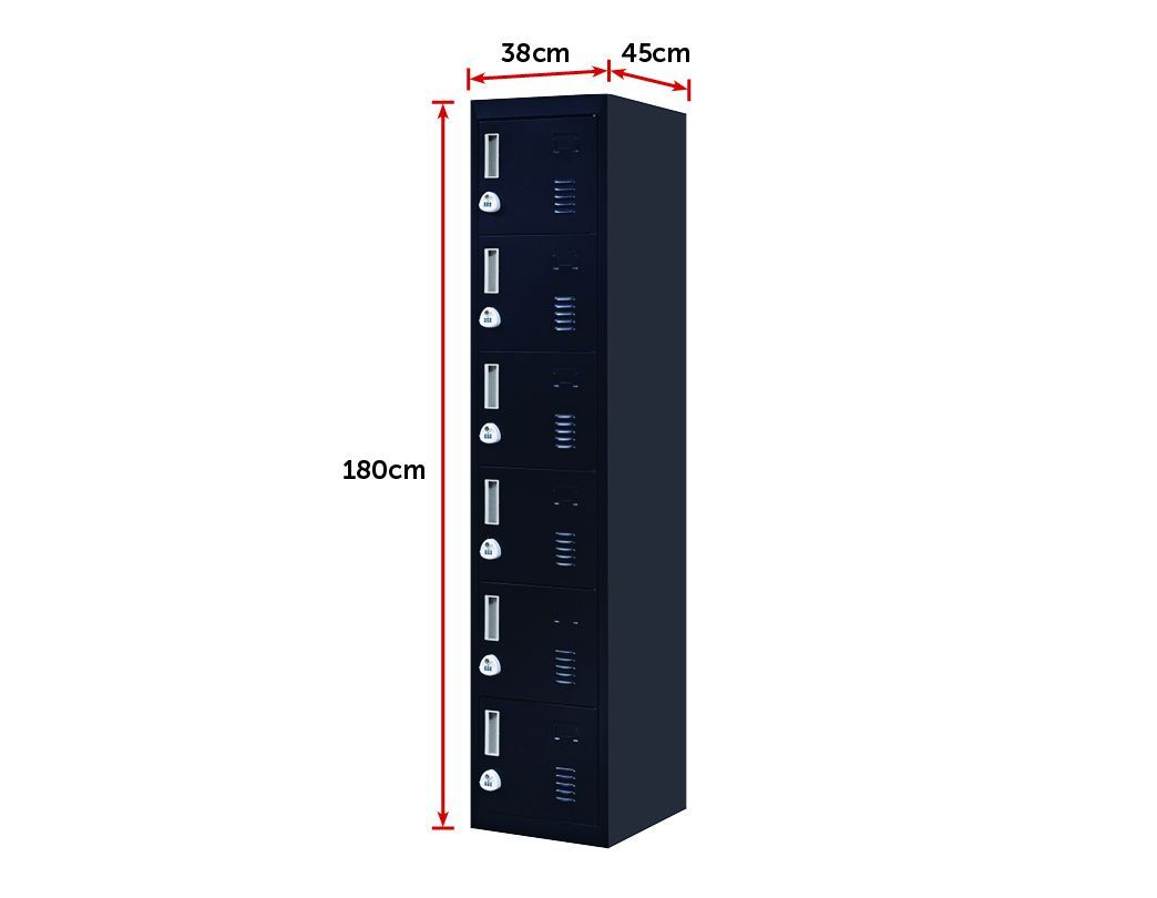 3-Digit Combination Lock 6-Door Locker in black steel, featuring six individual lockers with ventilation and name tag spaces.