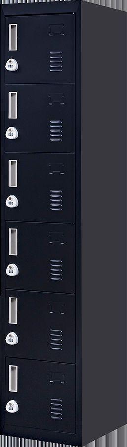 3-Digit Combination Lock 6-Door Locker in black steel, featuring six individual lockers with ventilation and name tag spaces.