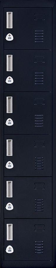 3-Digit Combination Lock 6-Door Locker in black steel, featuring six individual lockers with ventilation and name tag spaces.