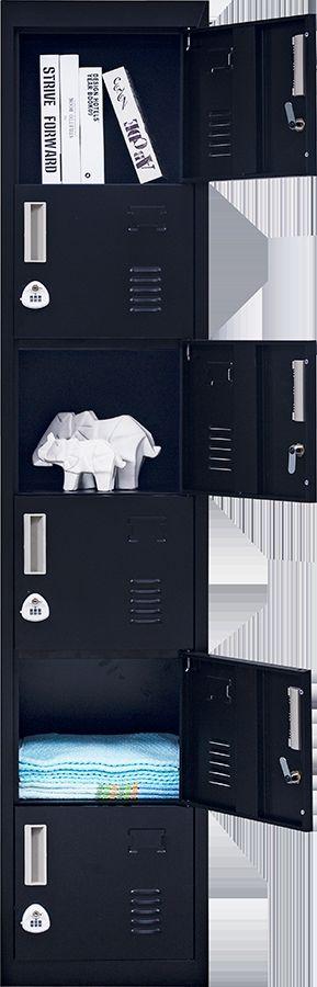 3-Digit Combination Lock 6-Door Locker in black steel, featuring six individual lockers with ventilation and name tag spaces.