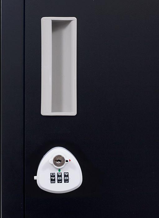 3-Digit Combination Lock 6-Door Locker in black steel, featuring six individual lockers with ventilation and name tag spaces.