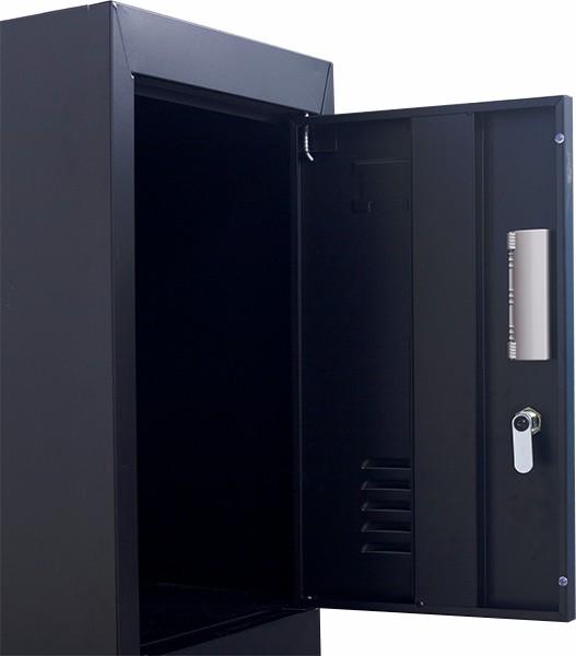 3-Digit Combination Lock 6-Door Locker in black steel, featuring six individual lockers with ventilation and name tag spaces.