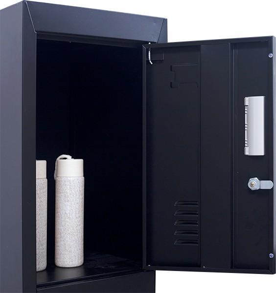 3-Digit Combination Lock 6-Door Locker in black steel, featuring six individual lockers with ventilation and name tag spaces.