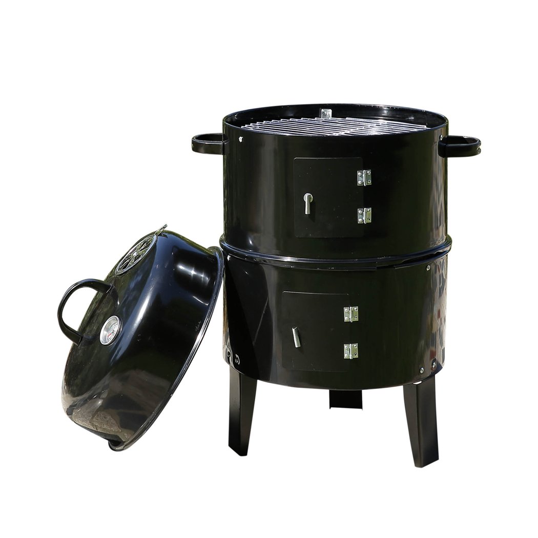 3in1 Charcoal BBQ Grill Smoker in black steel, showcasing its portable design and multiple cooking features.