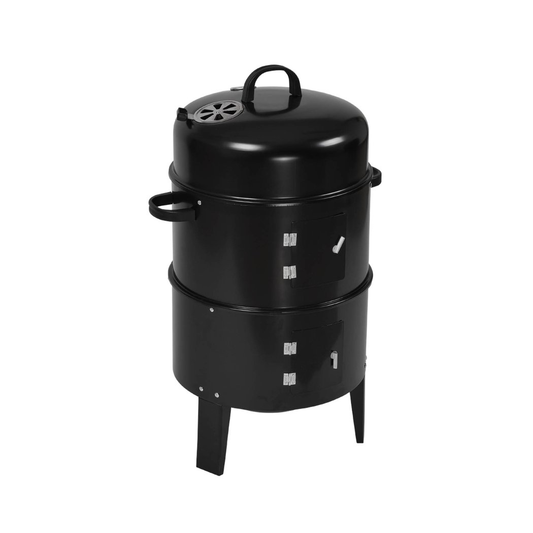 3in1 Charcoal BBQ Grill Smoker in black steel, showcasing its portable design and multiple cooking features.