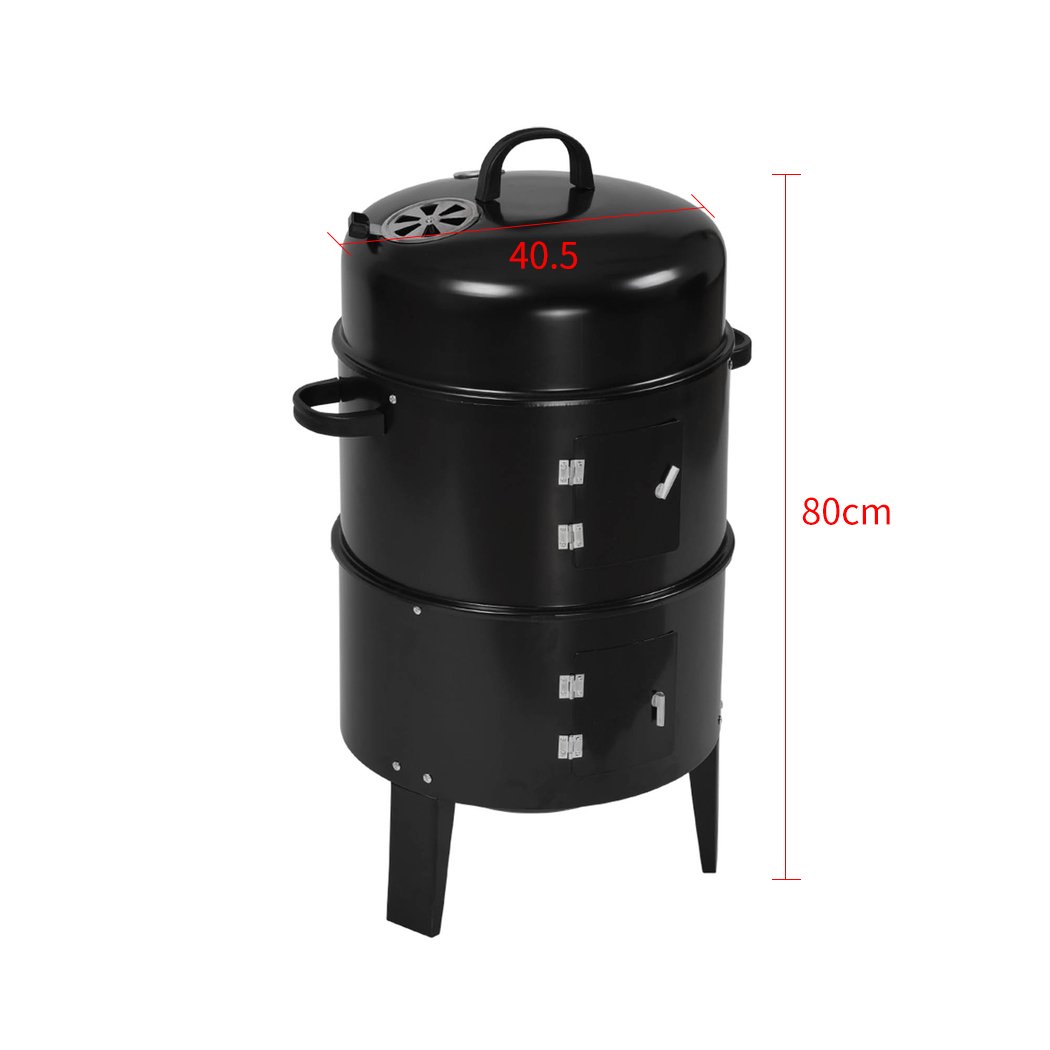 3in1 Charcoal BBQ Grill Smoker in black steel, showcasing its portable design and multiple cooking features.