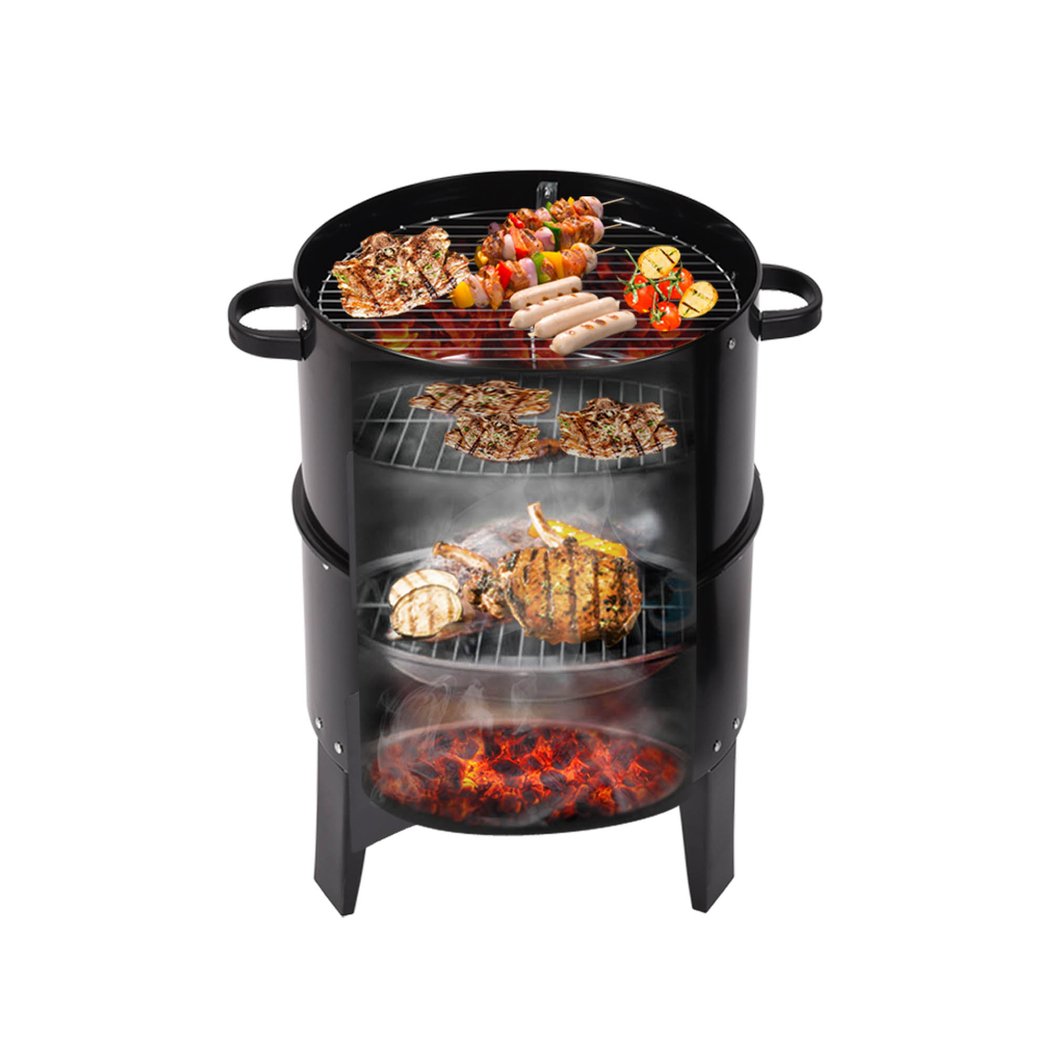 3in1 Charcoal BBQ Grill Smoker in black steel, showcasing its portable design and multiple cooking features.