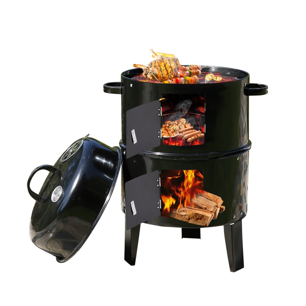 3in1 Charcoal BBQ Grill Smoker in black steel, showcasing its portable design and multiple cooking features.