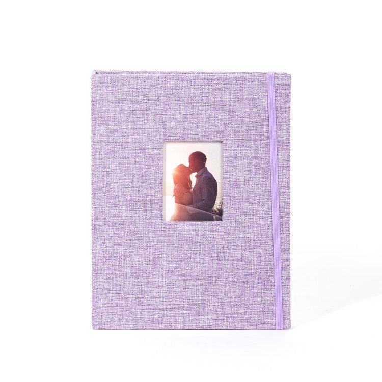 3-inch purple cotton linen photo album with 208 pockets for photos and tickets, featuring a stylish hollow cover and strap design.