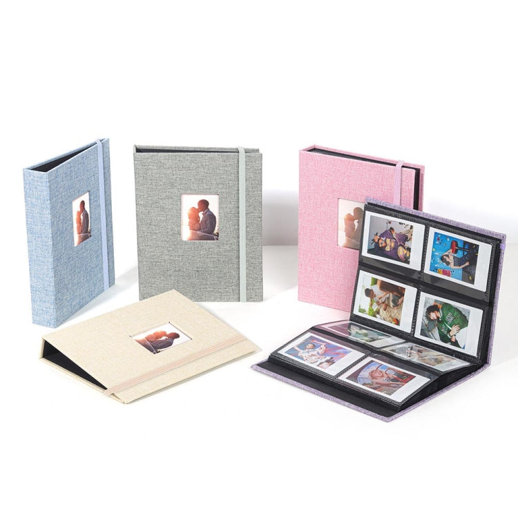 3-inch purple cotton linen photo album with 208 pockets for photos and tickets, featuring a stylish hollow cover and strap design.