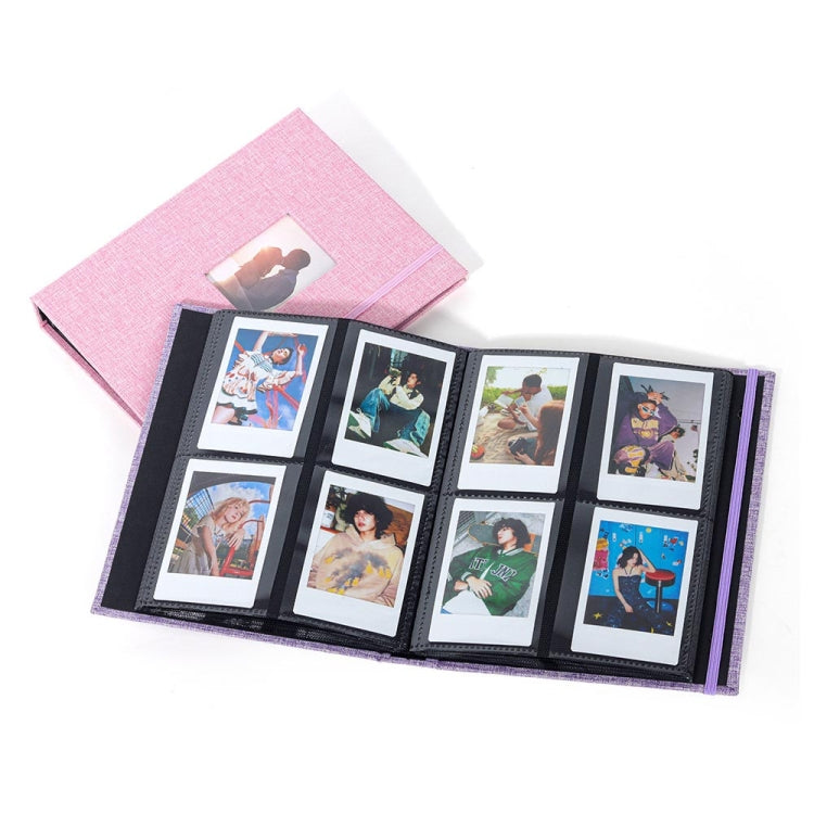 3-inch purple cotton linen photo album with 208 pockets for photos and tickets, featuring a stylish hollow cover and strap design.