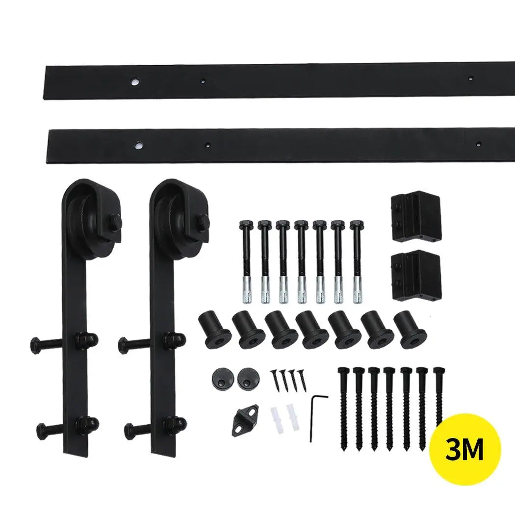 3M Antique Classic Style Double Sliding Barn Door Hardware Track featuring black powder-coated carbon steel construction and smooth rollers.