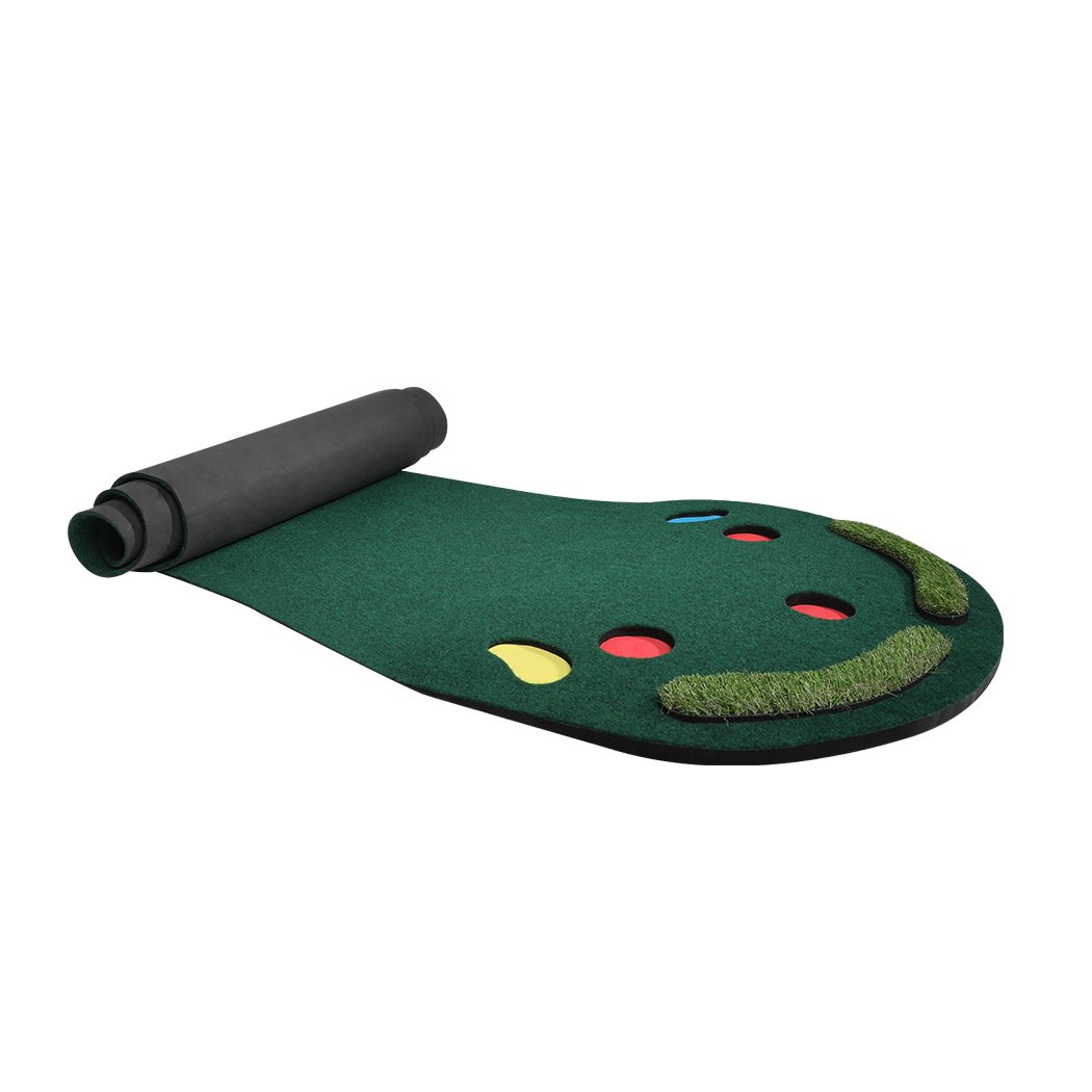 3M Golf Putting Mat showcasing a green surface with simulated straw and holes for practice, designed for indoor and outdoor use.