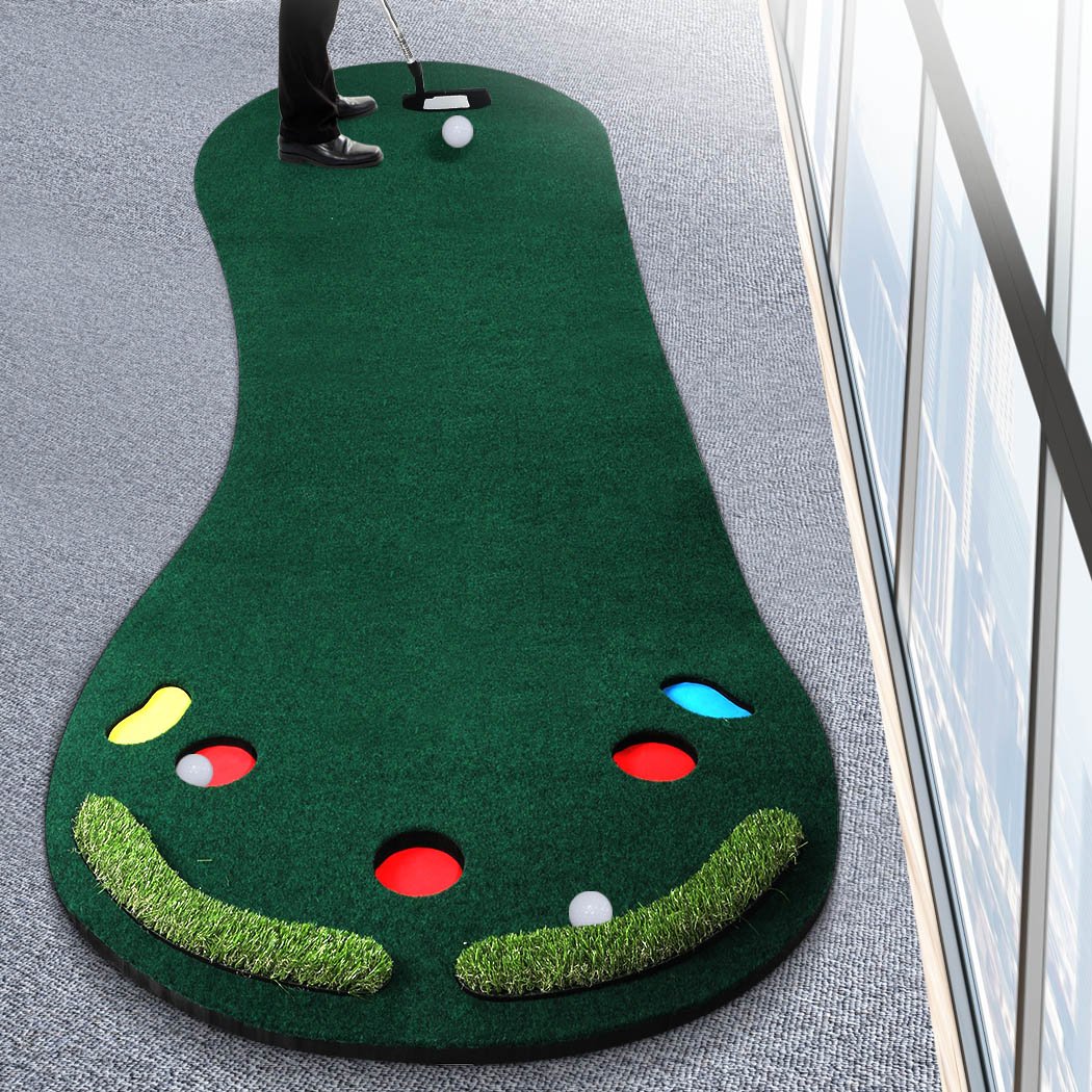 3M Golf Putting Mat showcasing a green surface with simulated straw and holes for practice, designed for indoor and outdoor use.