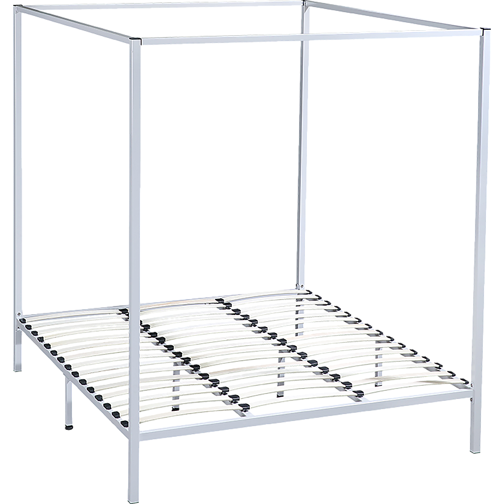 Elegant cream four poster king bed frame with sturdy steel construction, designed for comfort and style.