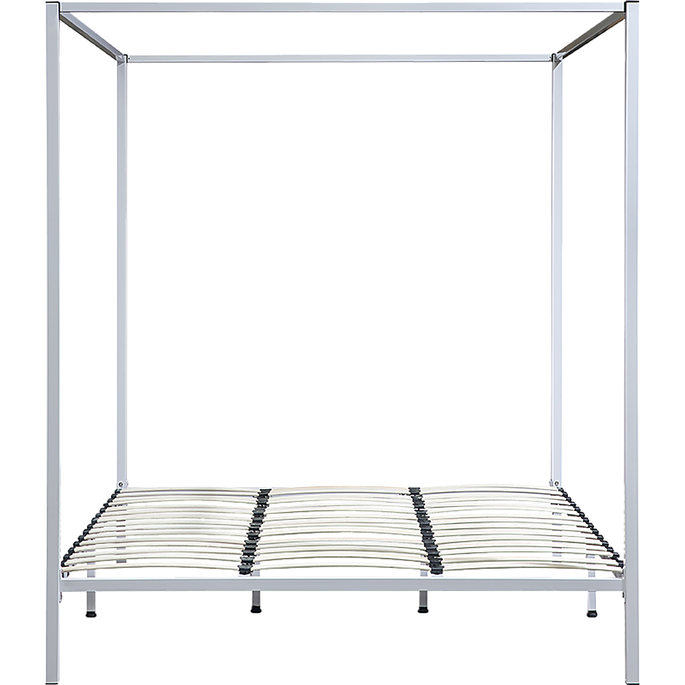 Elegant cream four poster king bed frame with sturdy steel construction, designed for comfort and style.