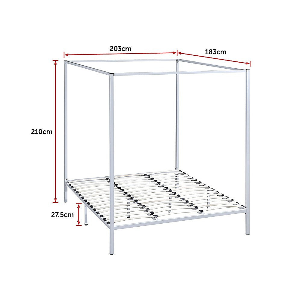 Elegant cream four poster king bed frame with sturdy steel construction, designed for comfort and style.