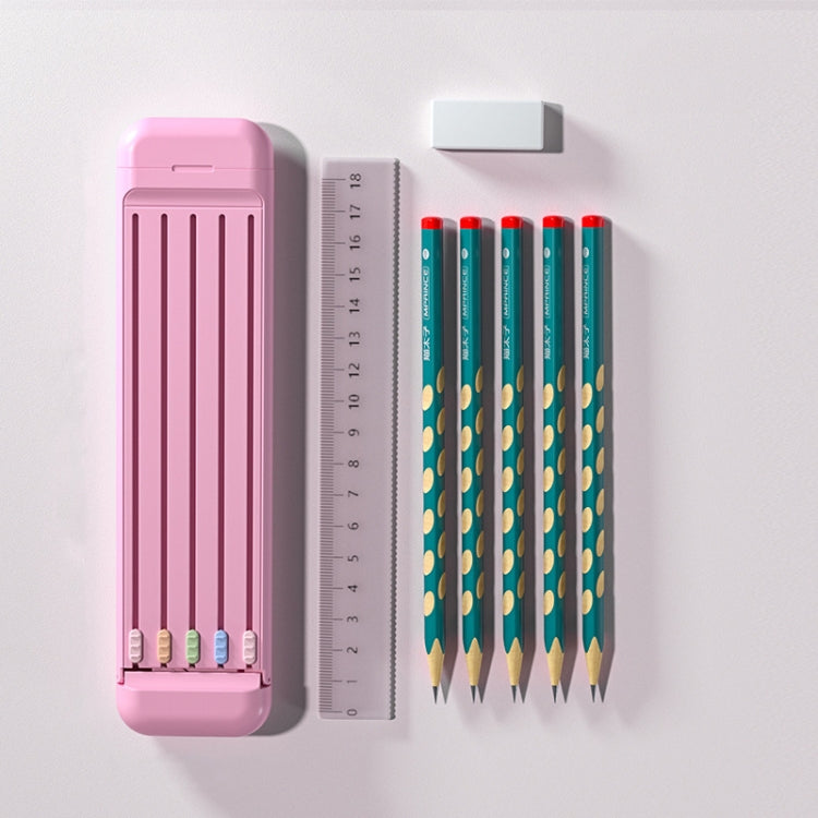 Light pink 4 in 1 Pencil Eraser Ruler Stationery Box with pencils, eraser, and ruler inside.