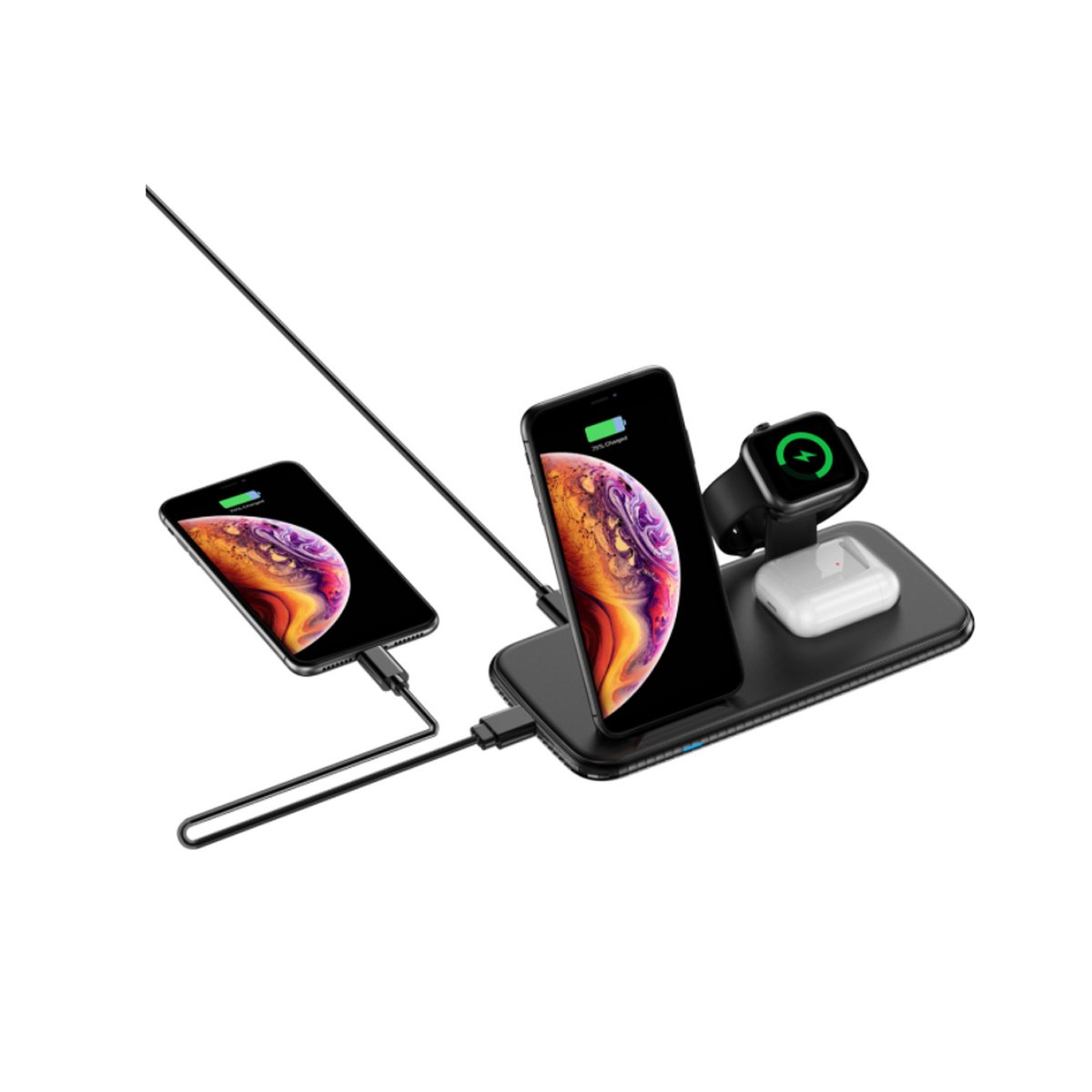 4 in 1 Wireless Fast Charging Hub with multiple charging pads for phone, watch, and AirPods, featuring a sleek design and USB port.