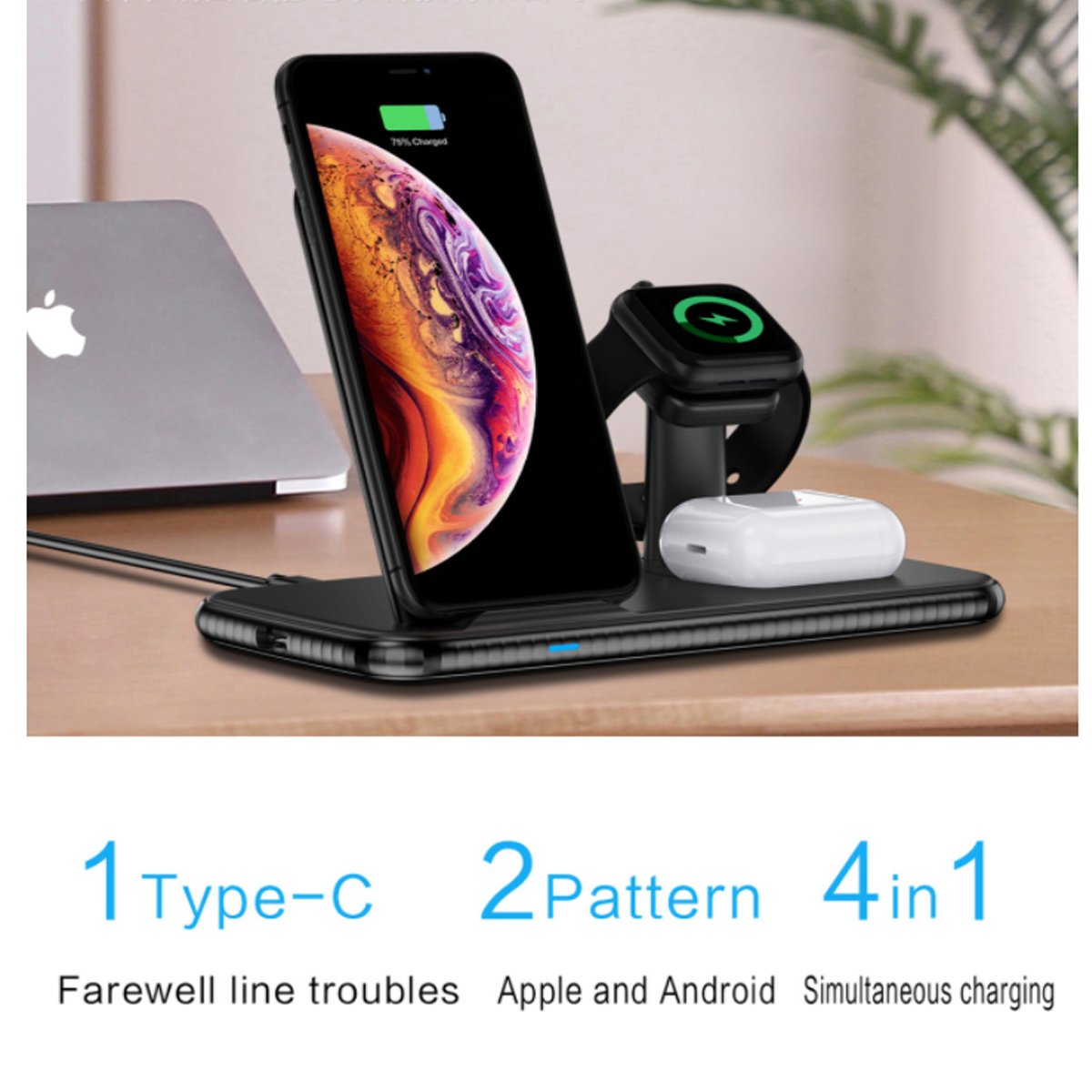 4 in 1 Wireless Fast Charging Hub with multiple charging pads for phone, watch, and AirPods, featuring a sleek design and USB port.