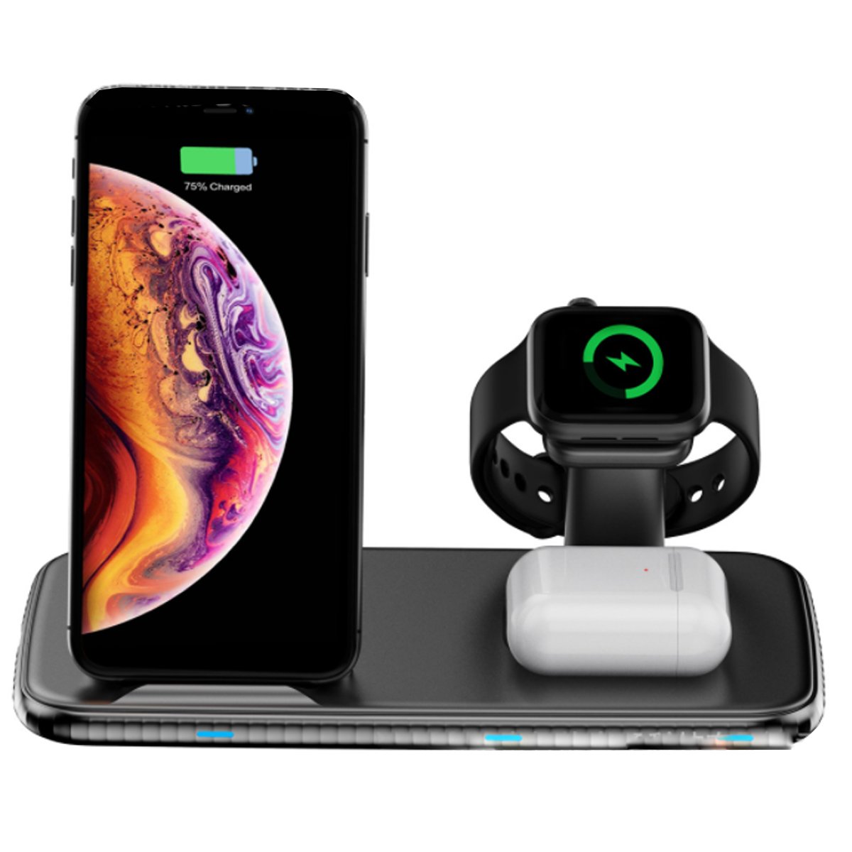 4 in 1 Wireless Fast Charging Hub with multiple charging pads for phone, watch, and AirPods, featuring a sleek design and USB port.