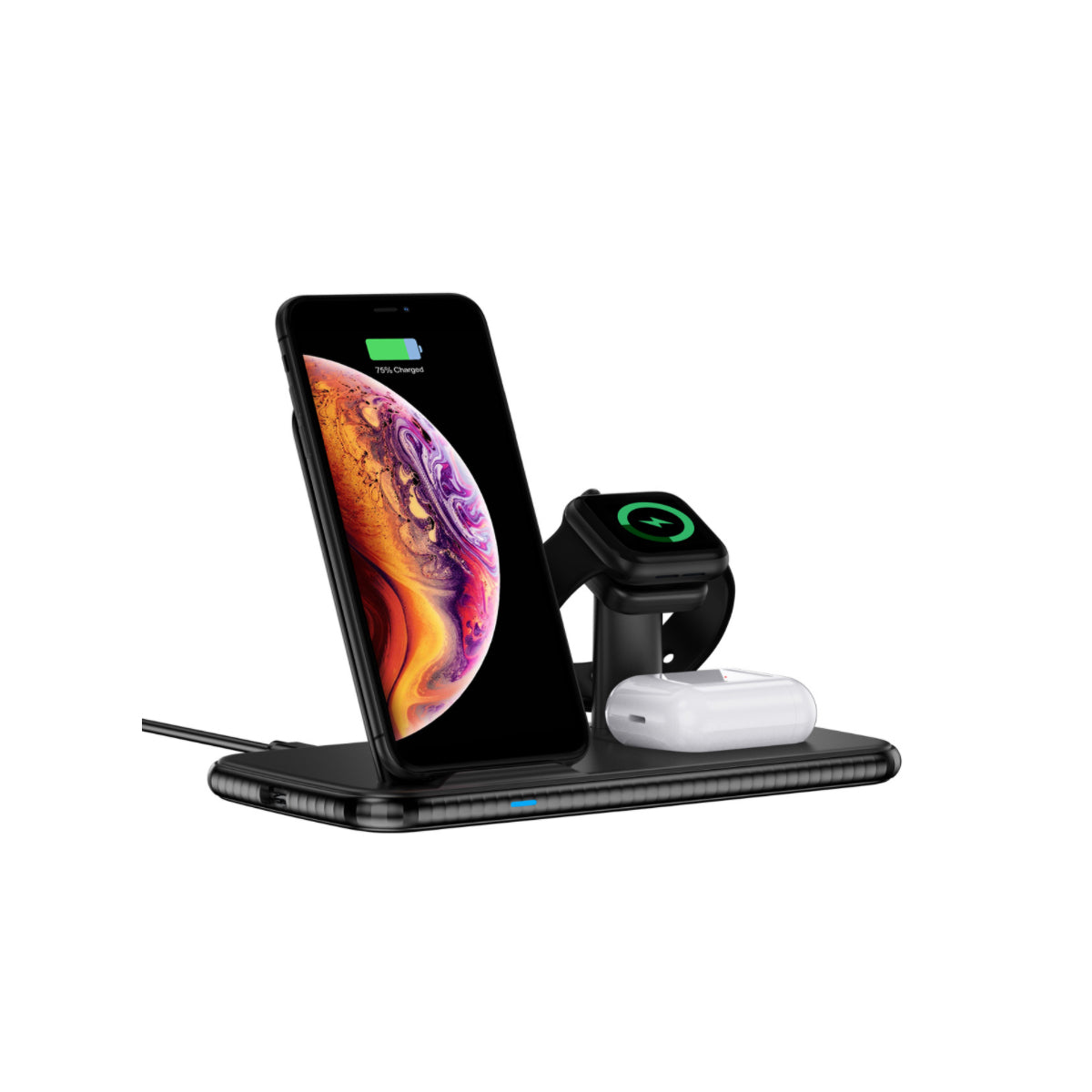 4 in 1 Wireless Fast Charging Hub with multiple charging pads for phone, watch, and AirPods, featuring a sleek design and USB port.