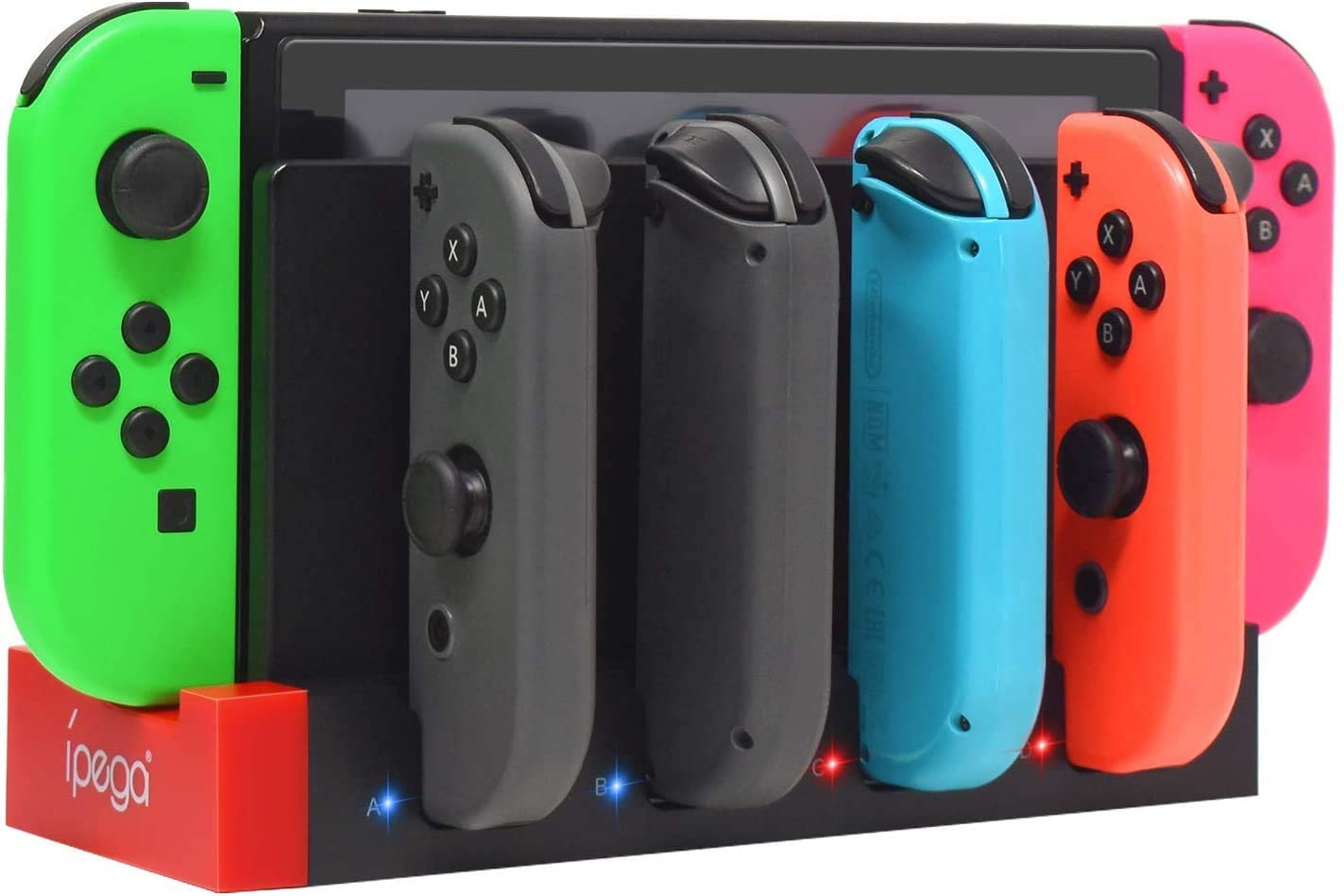 4 in1 Charger Station Stand for Nintendo Switch Joy-con with LED indicators, designed to charge multiple controllers simultaneously.