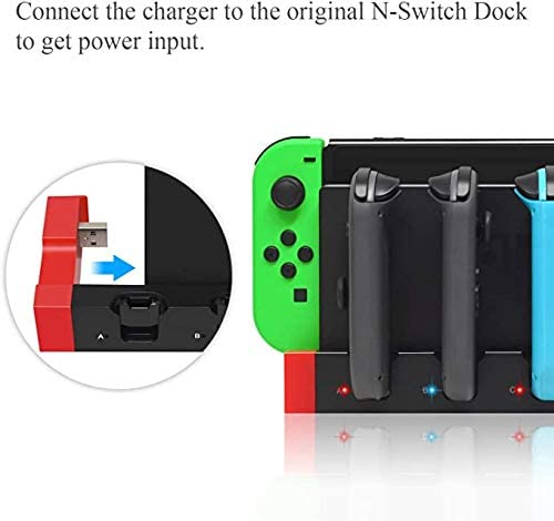 4 in1 Charger Station Stand for Nintendo Switch Joy-con with LED indicators, designed to charge multiple controllers simultaneously.