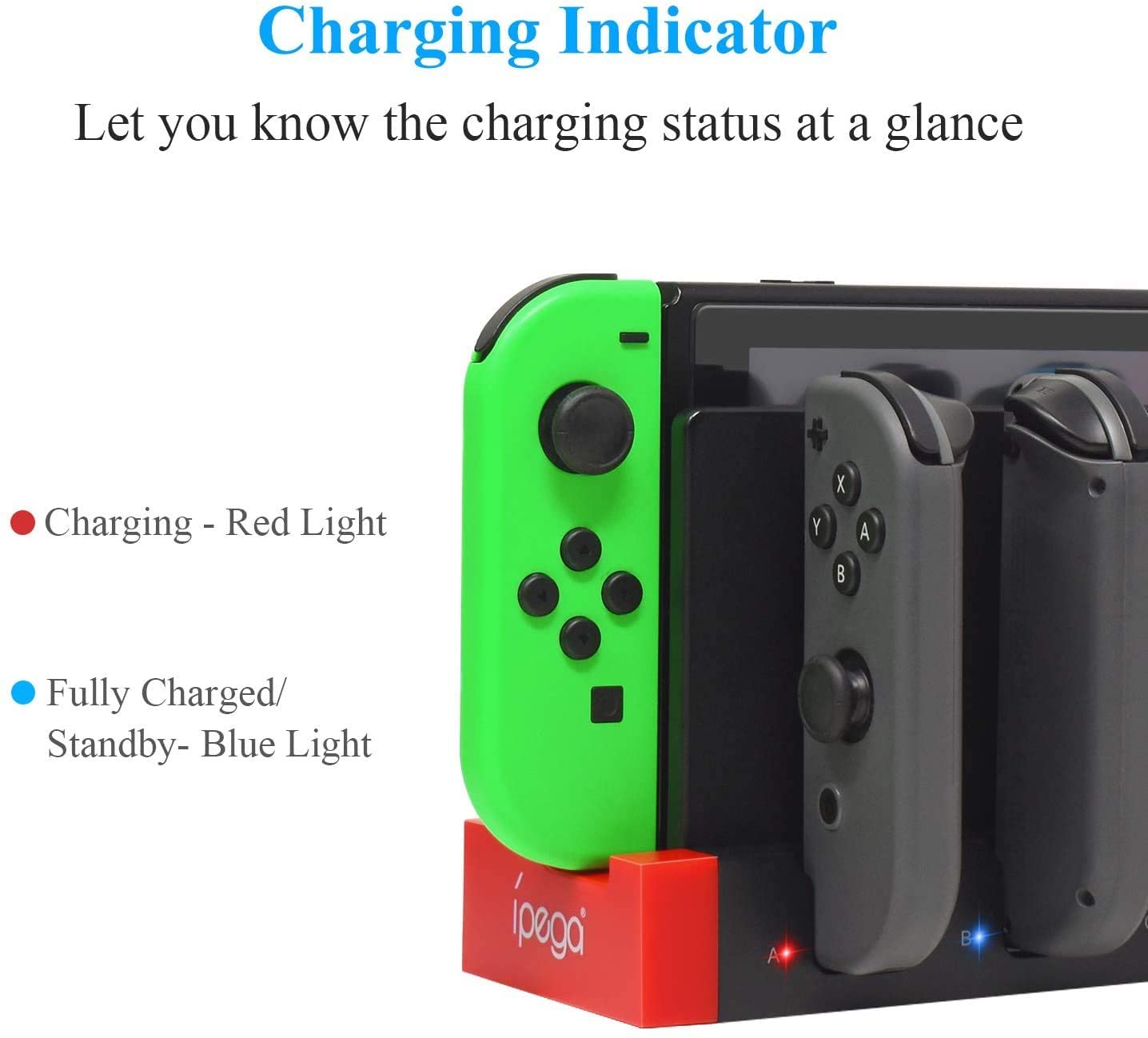 4 in1 Charger Station Stand for Nintendo Switch Joy-con with LED indicators, designed to charge multiple controllers simultaneously.