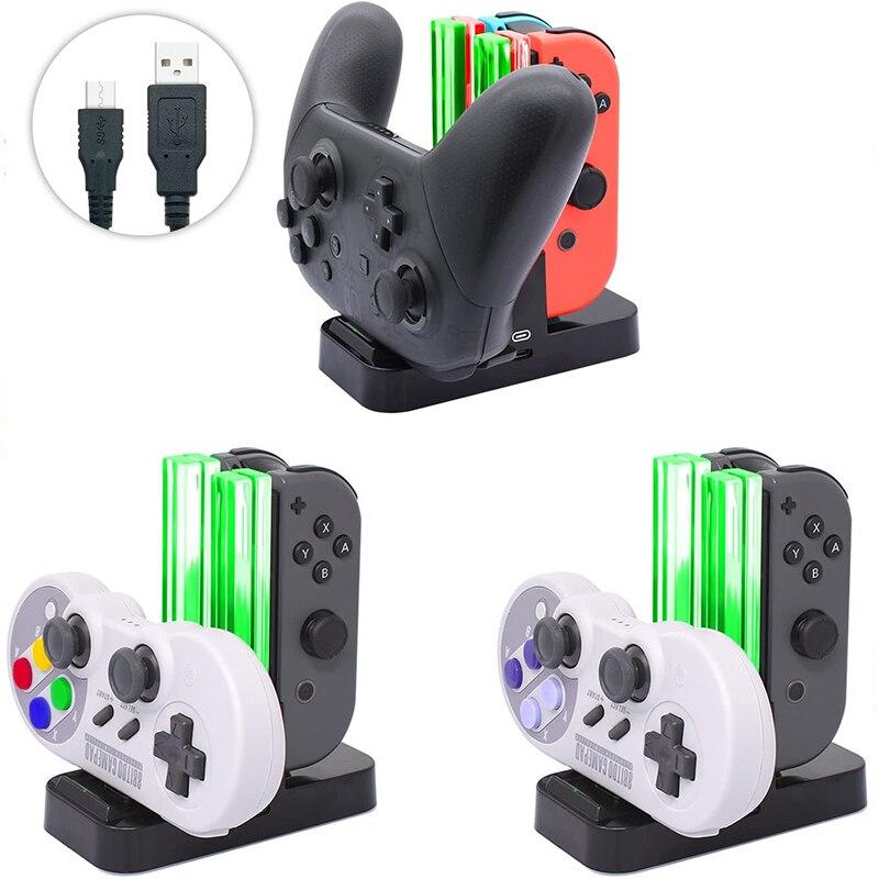 4 in 1 charging dock for Nintendo Switch Joy-con controllers with LED indicators, designed for efficient charging.