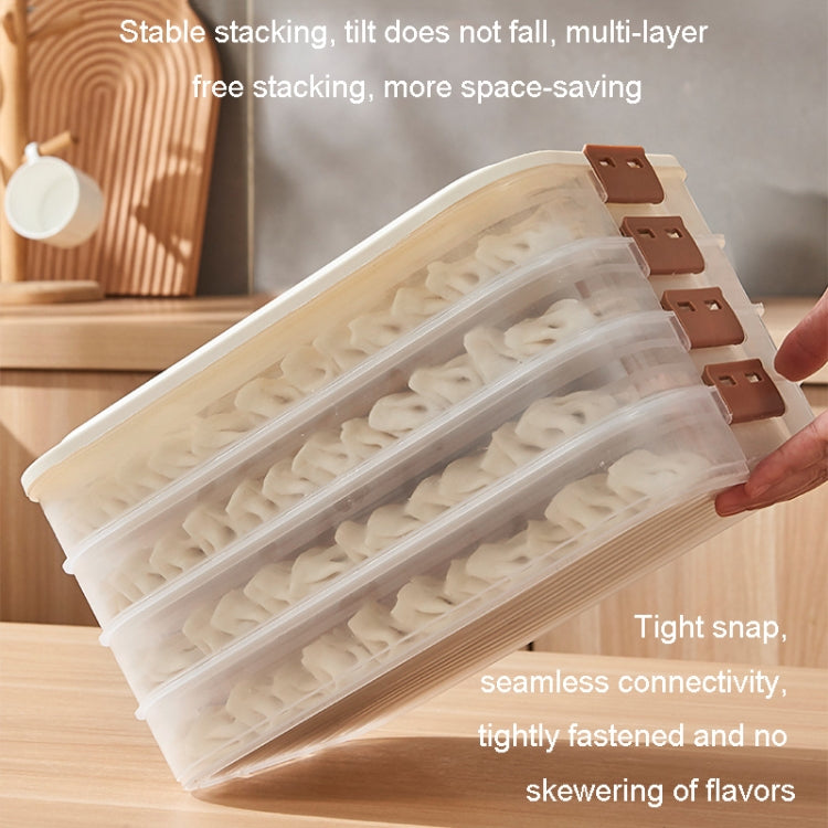 4 Layer Dumpling Storage Box made of food-grade PP material, featuring a tight snap design and anti-stick bottom for easy food storage.