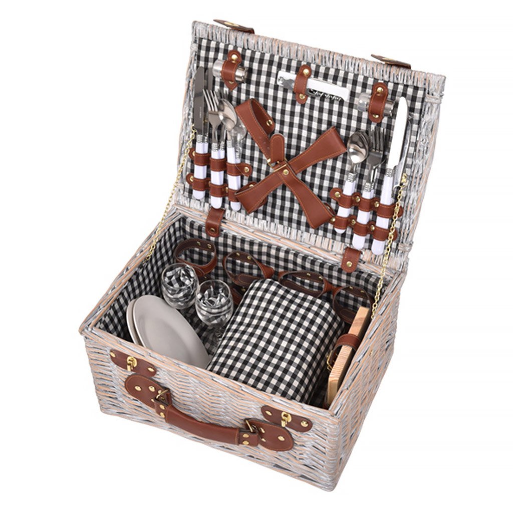 Deluxe 4 Person Picnic Basket Set with blanket and tableware, crafted from quality willow, perfect for outdoor dining.