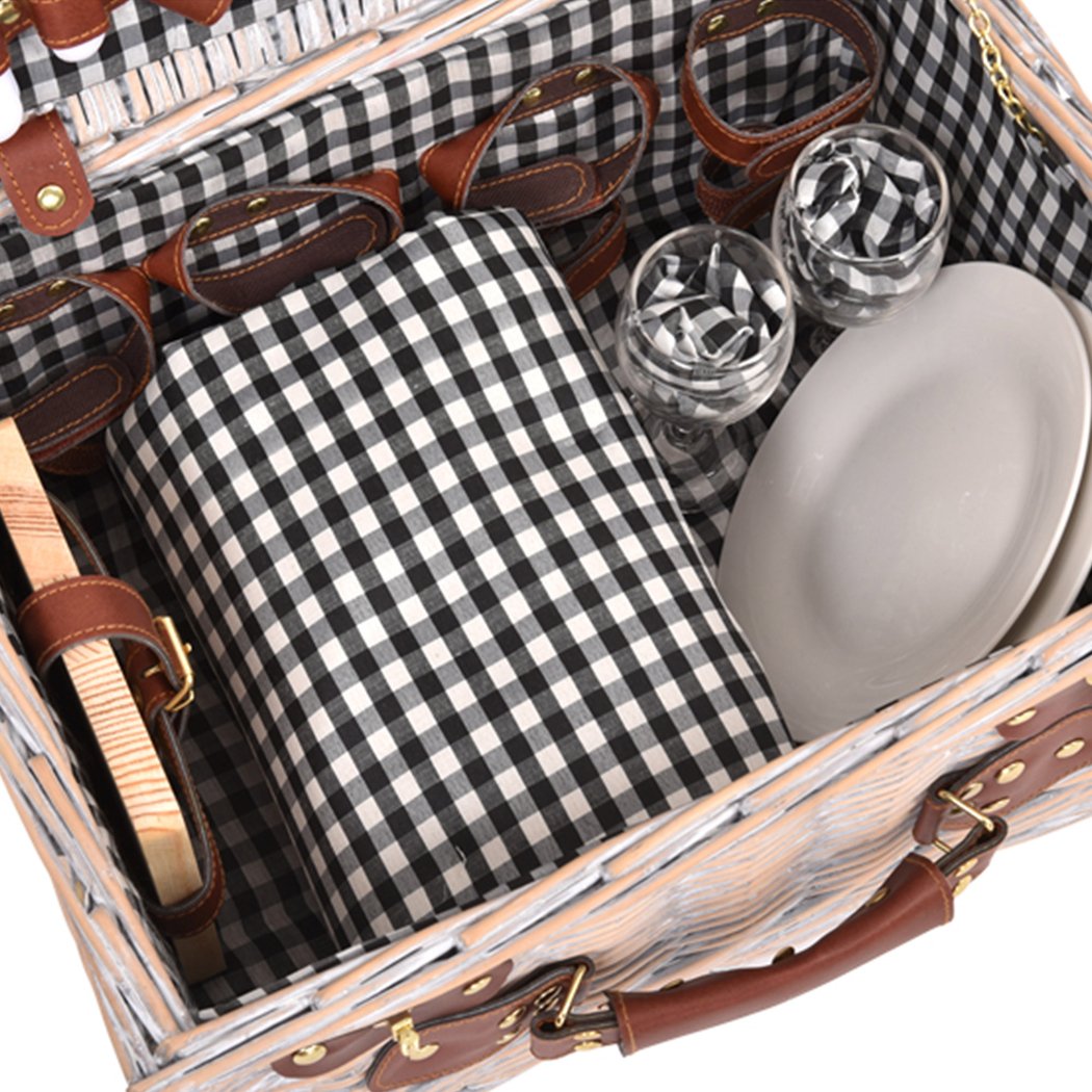 Deluxe 4 Person Picnic Basket Set with blanket and tableware, crafted from quality willow, perfect for outdoor dining.