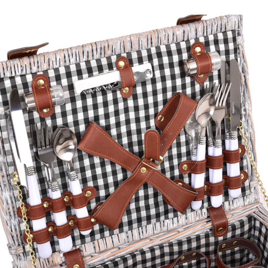 Deluxe 4 Person Picnic Basket Set with blanket and tableware, crafted from quality willow, perfect for outdoor dining.