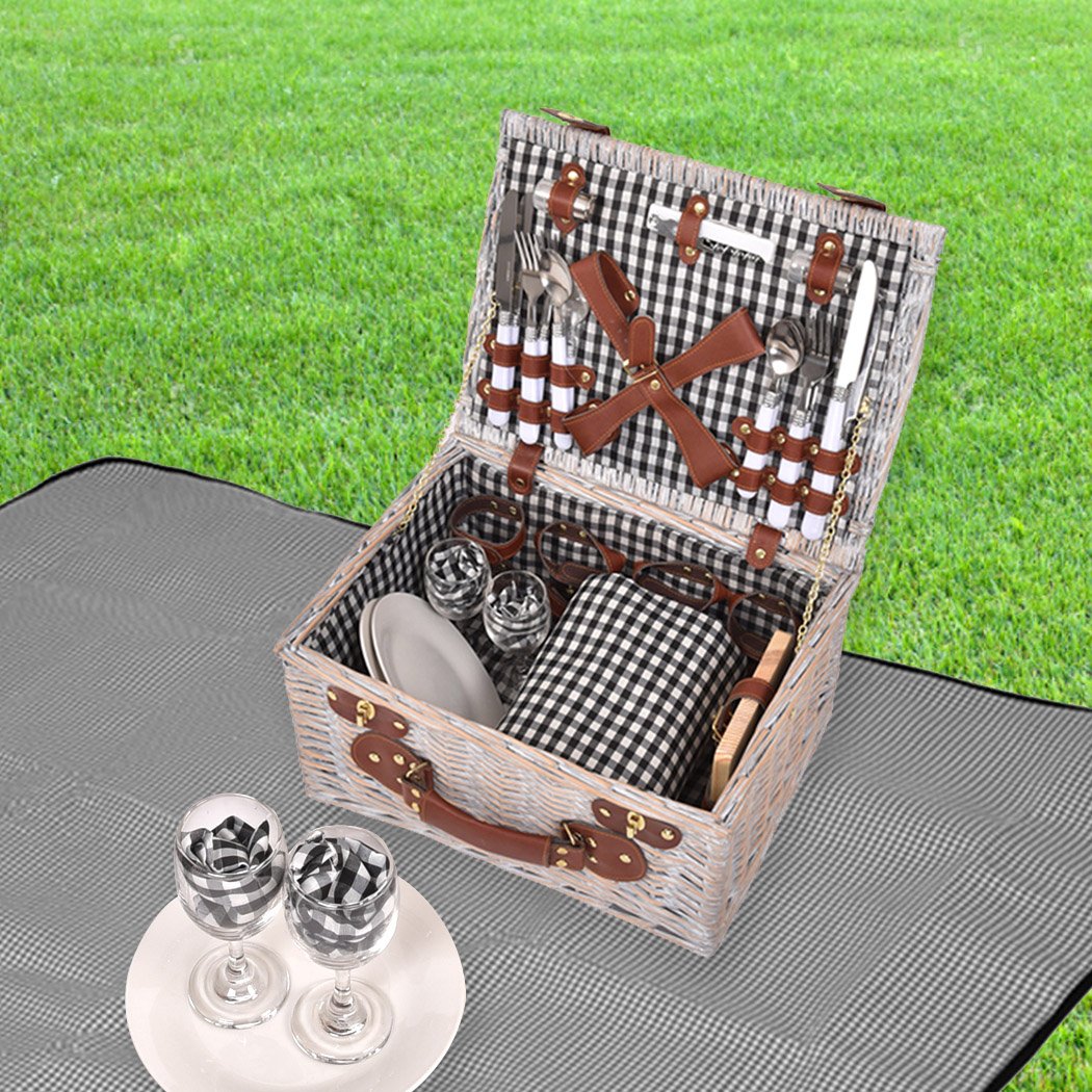 Deluxe 4 Person Picnic Basket Set with blanket and tableware, crafted from quality willow, perfect for outdoor dining.