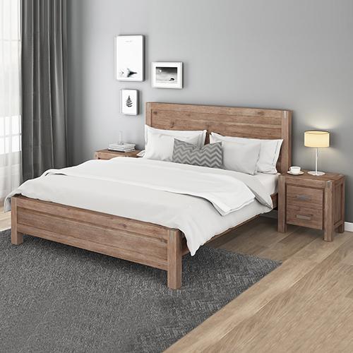 4 Pieces Bedroom Suite featuring a Solid Wood Veneered Acacia Bed, two bedside tables, and a tallboy, showcasing a minimalist design and vintage style.