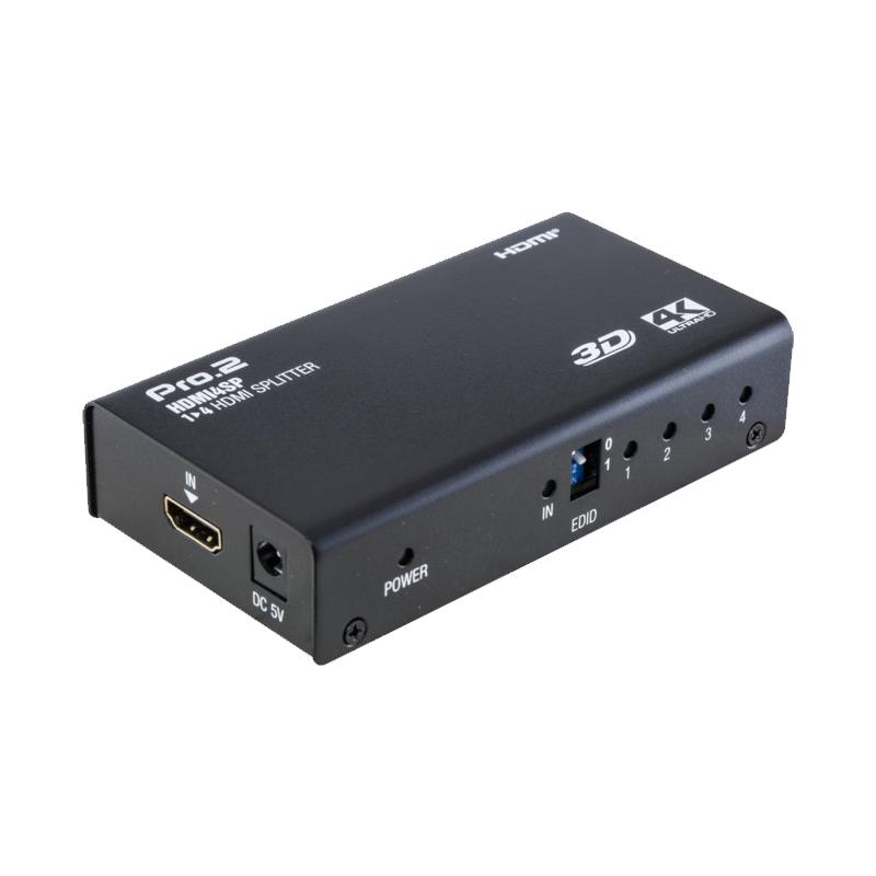 4 Port HDMI Splitter with multiple HDMI ports for connecting displays, showcasing a sleek design and compact size.