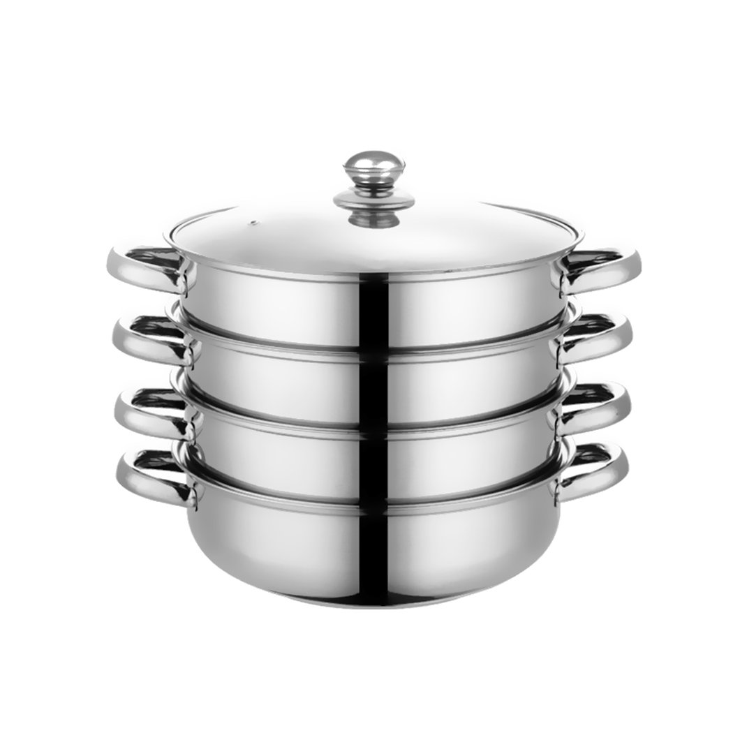 4 Tier Stainless Steel Steamer with glass lid, showcasing its multiple layers and sleek design, ideal for cooking meat and vegetables.