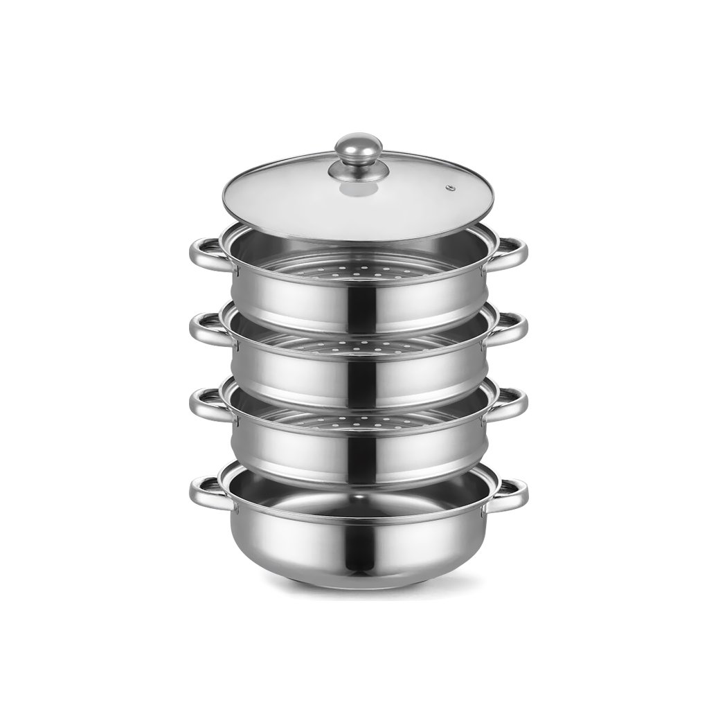 4 Tier Stainless Steel Steamer with glass lid, showcasing its multiple layers and sleek design, ideal for cooking meat and vegetables.