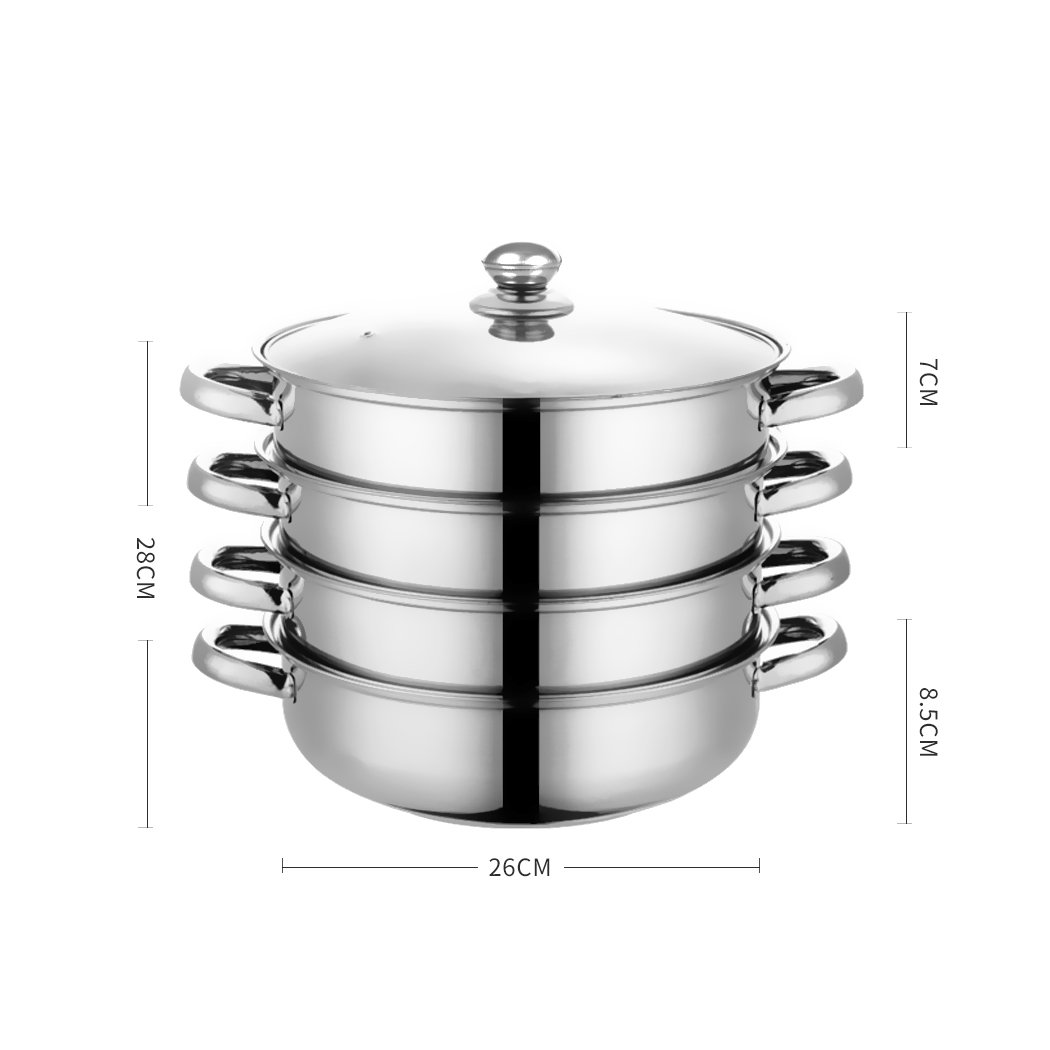 4 Tier Stainless Steel Steamer with glass lid, showcasing its multiple layers and sleek design, ideal for cooking meat and vegetables.